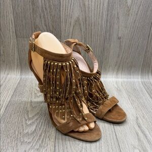 Aldo Glelian tan suede heel with gold stud detail.